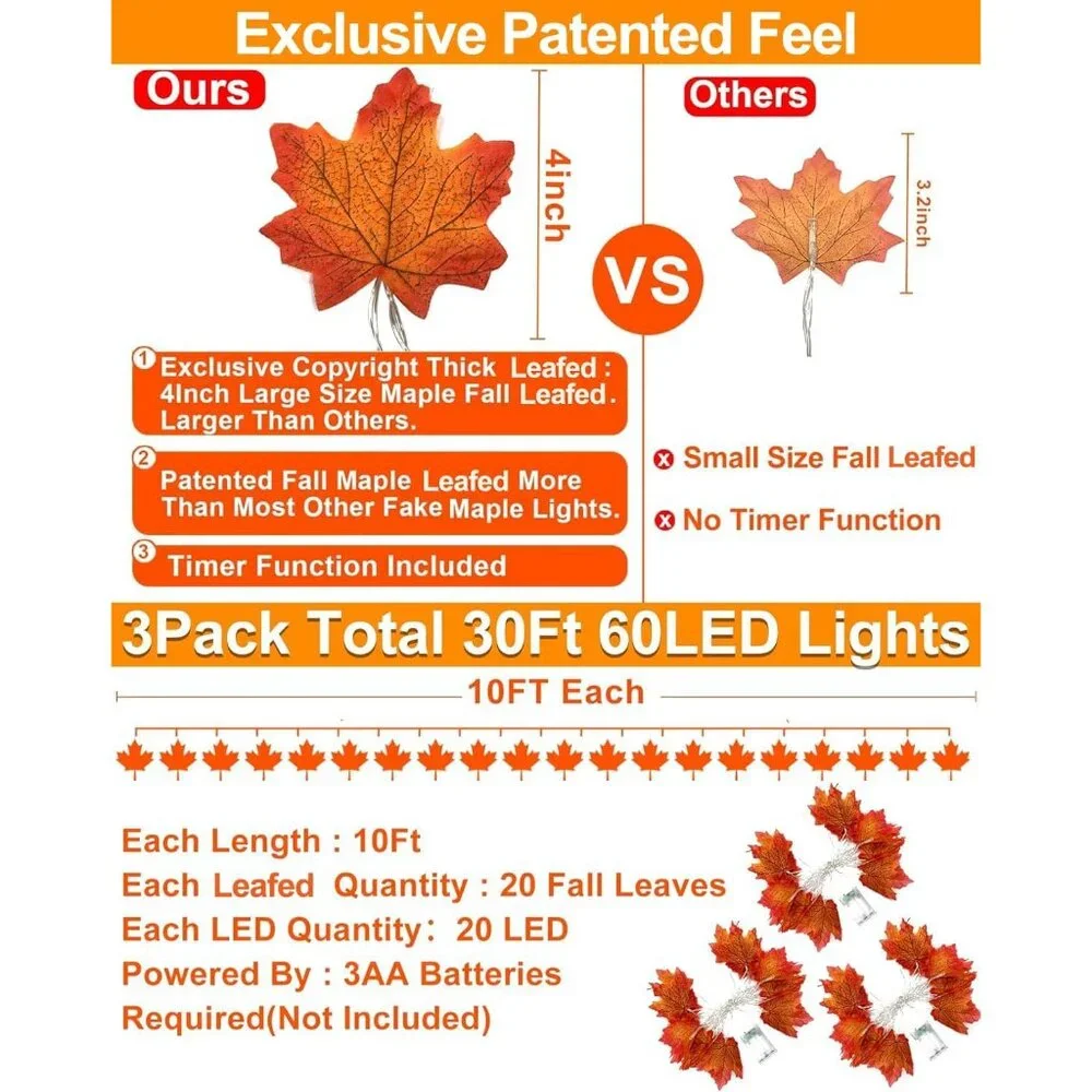Patented Maple Leaf Garland 30Ft - Waterproof Thanksgiving Lights with Timer